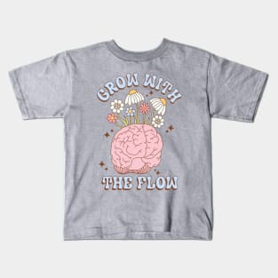 Mental Health Matters Grow With The Flow Floral Brain Groovy Kids T-Shirt